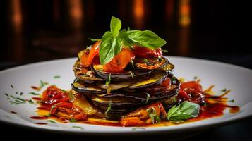 foto do Ratatouille Como uma prato dentro uma sofisticado restaurante. generativo ai