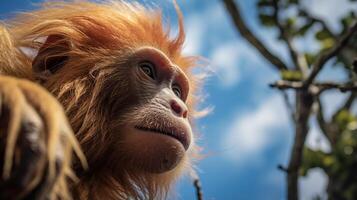 foto do uakari macaco dentro ther floresta com azul céu. generativo ai