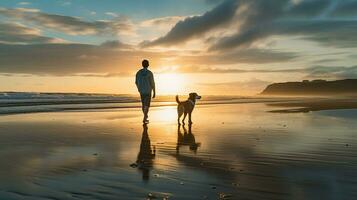 foto do uma Garoto caminhando com dele animal cachorro em a de praia dentro a manhã. generativo ai