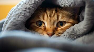 foto do uma engraçado gato enrolado acima dentro cobertor. generativo ai