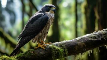 foto do uma peregrino falcão em pé em uma caído árvore ramo às manhã. generativo ai