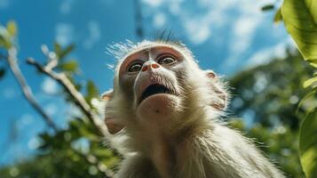 foto do macaco dentro ther floresta com azul céu. generativo ai