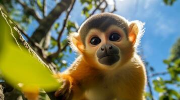 foto do esquilo macaco dentro ther floresta com azul céu. generativo ai