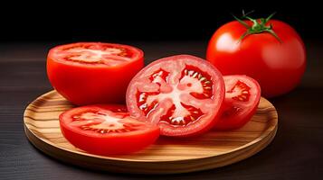 foto do tomates e fatia do tomate isolado em Preto fundo. generativo ai