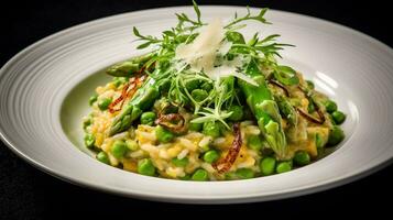 foto do Primavera vegetal risoto Como uma prato dentro uma sofisticado restaurante. generativo ai