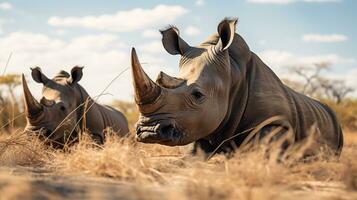 foto do uma rebanho do rinoceronte em repouso dentro a aberto área em a savana. generativo ai
