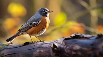 foto do uma americano robin em pé em uma caído árvore ramo às manhã