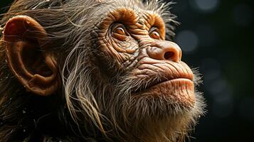 fechar-se foto do uma chimpanzé olhando qualquer direção em selva. generativo ai