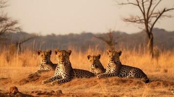 foto do uma rebanho do leopardo em repouso dentro a aberto área em a savana. generativo ai