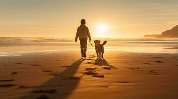 foto do uma Garoto caminhando com dele animal cachorro em a de praia dentro a manhã. generativo ai