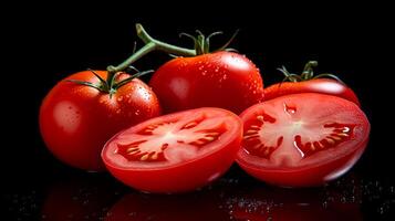 foto do tomates e fatia do tomate isolado em Preto fundo. generativo ai