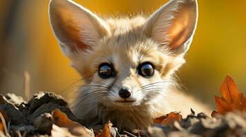 fechar-se foto do uma fennec Raposa olhando qualquer direção dentro a deserto. generativo ai