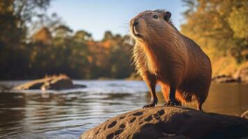 fechar-se foto do uma capivara olhando dentro seus habitat. generativo ai