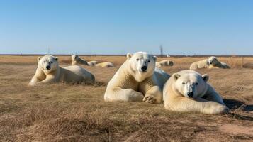 foto do uma rebanho do polar Urso em repouso dentro a aberto área em a savana. generativo ai