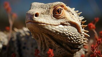 fechar-se foto do uma deserto monitor lagarto olhando qualquer direção dentro a deserto. generativo ai