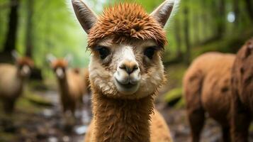 fechar-se foto do uma alpaca olhando qualquer direção. generativo ai