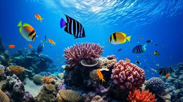 foto do peixe anjo com vários peixe entre saudável coral recifes dentro a azul oceano. generativo ai