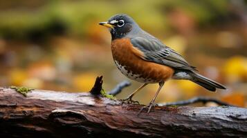 foto do uma americano robin em pé em uma caído árvore ramo às manhã