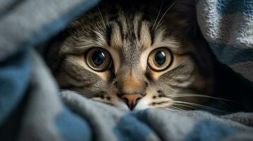 foto do uma engraçado gato enrolado acima dentro cobertor. generativo ai