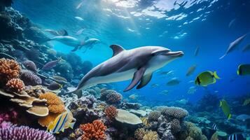 foto do golfinho com vários peixe entre saudável coral recifes dentro a azul oceano. generativo ai