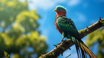 foto do quetzal dentro ther floresta com azul céu. generativo ai