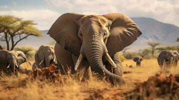 foto do uma rebanho do elefante em repouso dentro a aberto área em a savana. generativo ai