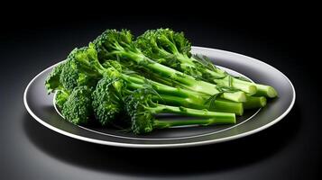 foto do broccolini em prato isolado em branco fundo. generativo ai