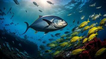 foto do albacora atum com vários peixe entre saudável coral recifes dentro a azul oceano. generativo ai