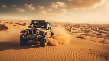 foto do jipe dirigindo dentro a deserto. generativo ai