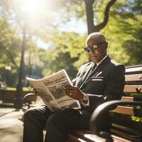 homem lendo jornal em uma parque Banco foto