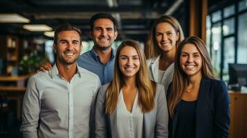 feliz equipe em pé juntos dentro moderno escritório foto