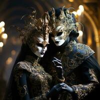 mascarada bola às Veneza carnaval com ornamentado máscaras e fantasias foto