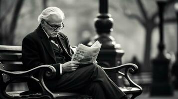 homem lendo jornal em uma parque Banco foto