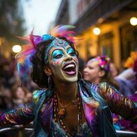 vibrante flutua e artistas parada através a ruas às mardi gras foto