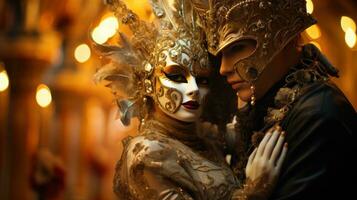 mascarada bola às Veneza carnaval com ornamentado máscaras e fantasias foto