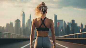 mulher corrida com cidade Horizonte dentro a distância foto