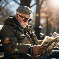 homem lendo jornal em uma parque Banco foto