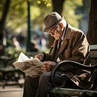 homem lendo jornal em uma parque Banco foto