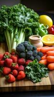 fresco frutas e legumes em uma corte borda foto