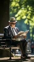 homem lendo jornal em uma parque Banco foto