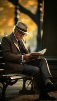 homem lendo jornal em uma parque Banco foto