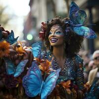 vibrante flutua e artistas parada através a ruas às mardi gras foto