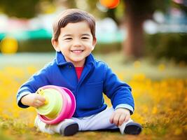 sorridente pequeno Garoto com brinquedo ao ar livre. ai generativo foto