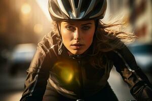 mulher equitação bicicleta em cidade rua dentro pressa hora foto