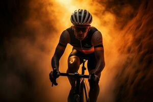 uma ciclista equitação dele bicicleta dentro a fumaça do a colinas foto
