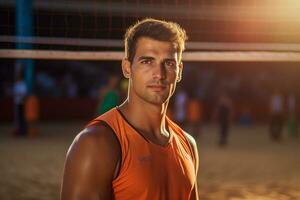 masculino de praia voleibol jogadoras jogar uma voleibol Combine em a de praia foto