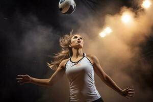 fêmea voleibol jogadoras estão competindo em a interior voleibol quadra foto