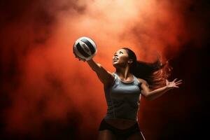 fêmea voleibol jogadoras estão competindo em a interior voleibol quadra foto