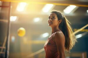 fêmea voleibol jogadoras estão competindo em a interior voleibol quadra foto