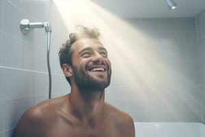 sorridente homem levando uma chuveiro dentro uma branco banheiro foto